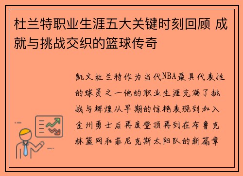 杜兰特职业生涯五大关键时刻回顾 成就与挑战交织的篮球传奇