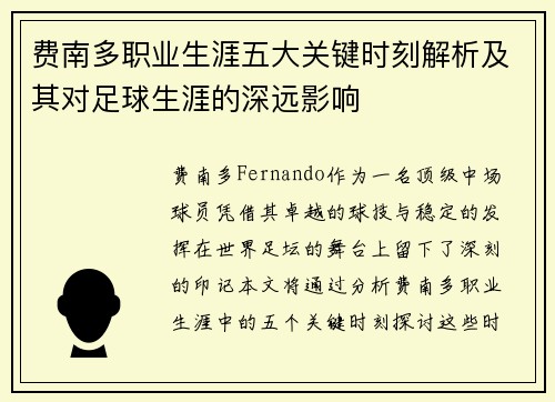 费南多职业生涯五大关键时刻解析及其对足球生涯的深远影响