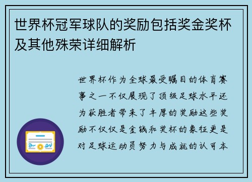 世界杯冠军球队的奖励包括奖金奖杯及其他殊荣详细解析