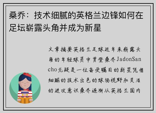 桑乔：技术细腻的英格兰边锋如何在足坛崭露头角并成为新星